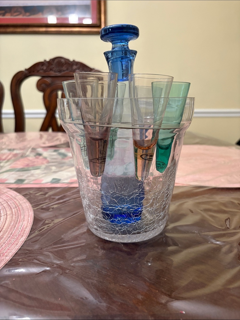 Colorful Crackle Glass Shot Glass Set with Blue Decanter - Unbranded